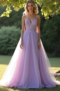 Lilás Uma Linha Esparguete Correias Vestido Longo de Baile Com Apliques de Renda