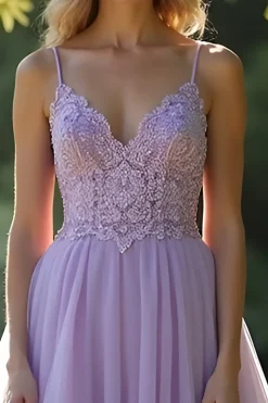 Lilás Uma Linha Esparguete Correias Vestido Longo de Baile Com Apliques de Renda