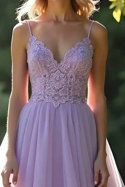 Lilás Uma Linha Esparguete Correias Vestido Longo de Baile Com Apliques de Renda