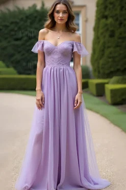 Lilás Uma linha fora do ombro longo tule vestido formal