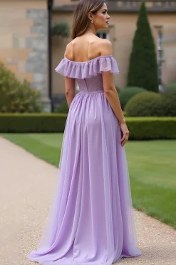 Lilás Uma linha fora do ombro longo tule vestido formal