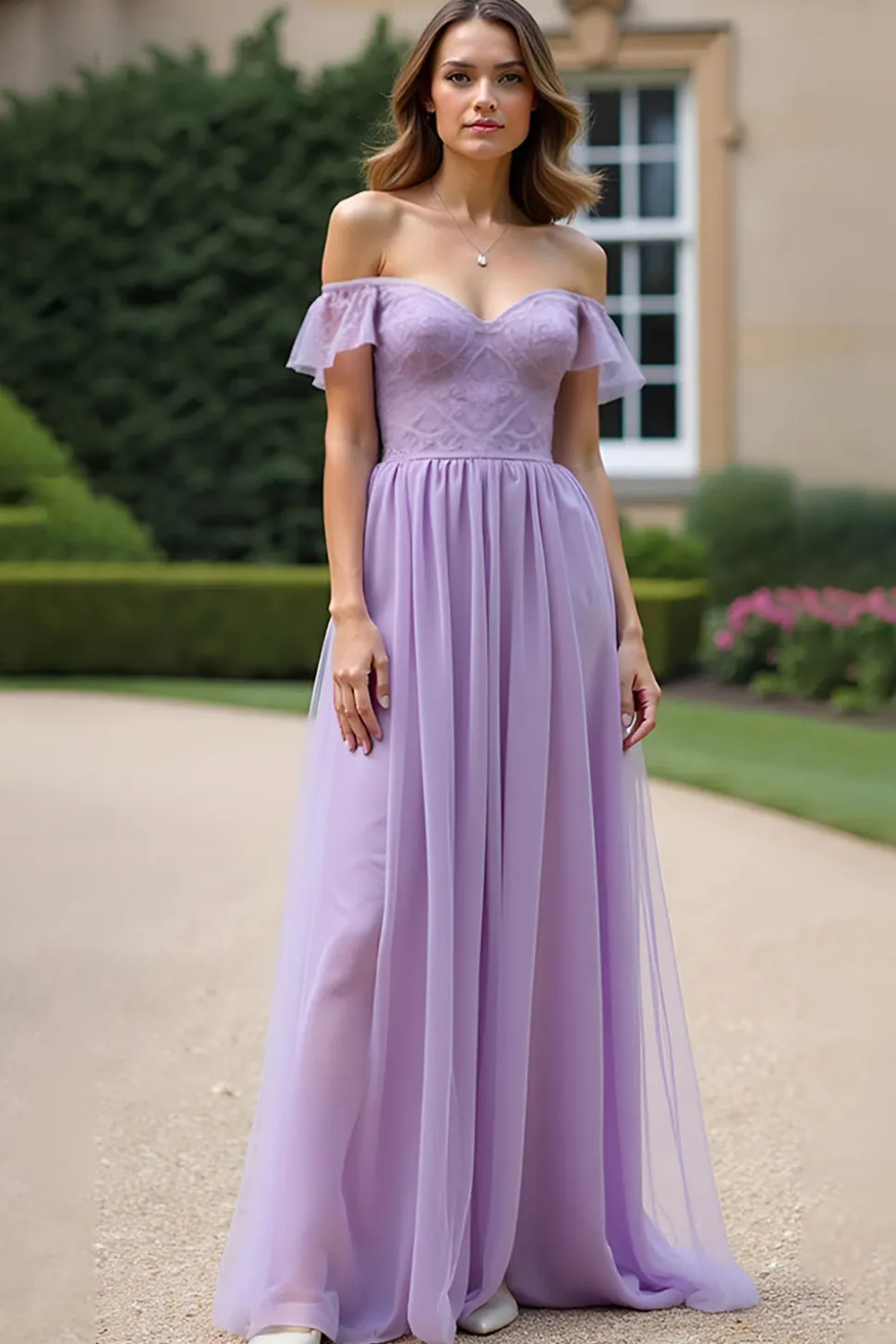 Lilás Uma linha fora do ombro longo tule vestido formal