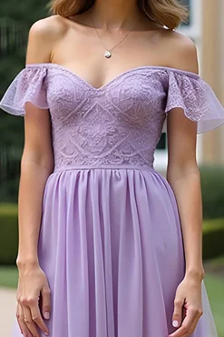 Lilás Uma linha fora do ombro longo tule vestido formal