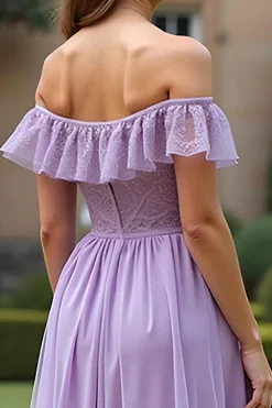 Lilás Uma linha fora do ombro longo tule vestido formal