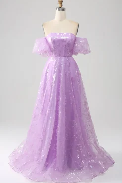 Lilás Uma Linha Strapless Sparkly Sequin Vestido Longo Baile de Formatura
