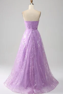 Lilás Uma Linha Strapless Sparkly Sequin Vestido Longo Baile de Formatura