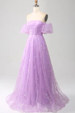 Lilás Uma Linha Strapless Sparkly Sequin Vestido Longo Baile de Formatura