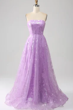 Lilás Uma Linha Strapless Sparkly Sequin Vestido Longo Baile de Formatura