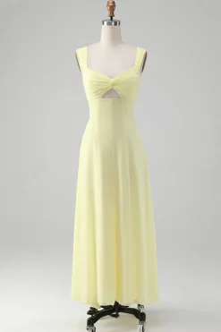 Limão Amarelo Keyhole Uma linha longo vestido de dama de honra