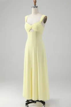 Limão Amarelo Keyhole Uma linha longo vestido de dama de honra