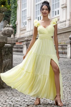 Limão Amarelo Simples Uma Linha plissado Vestido de Festa de Casamento com Folhos