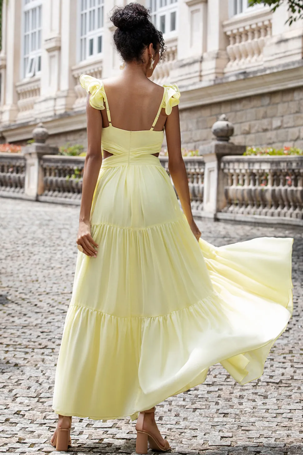 Limão Amarelo Simples Uma Linha plissado Vestido de Festa de Casamento com Folhos