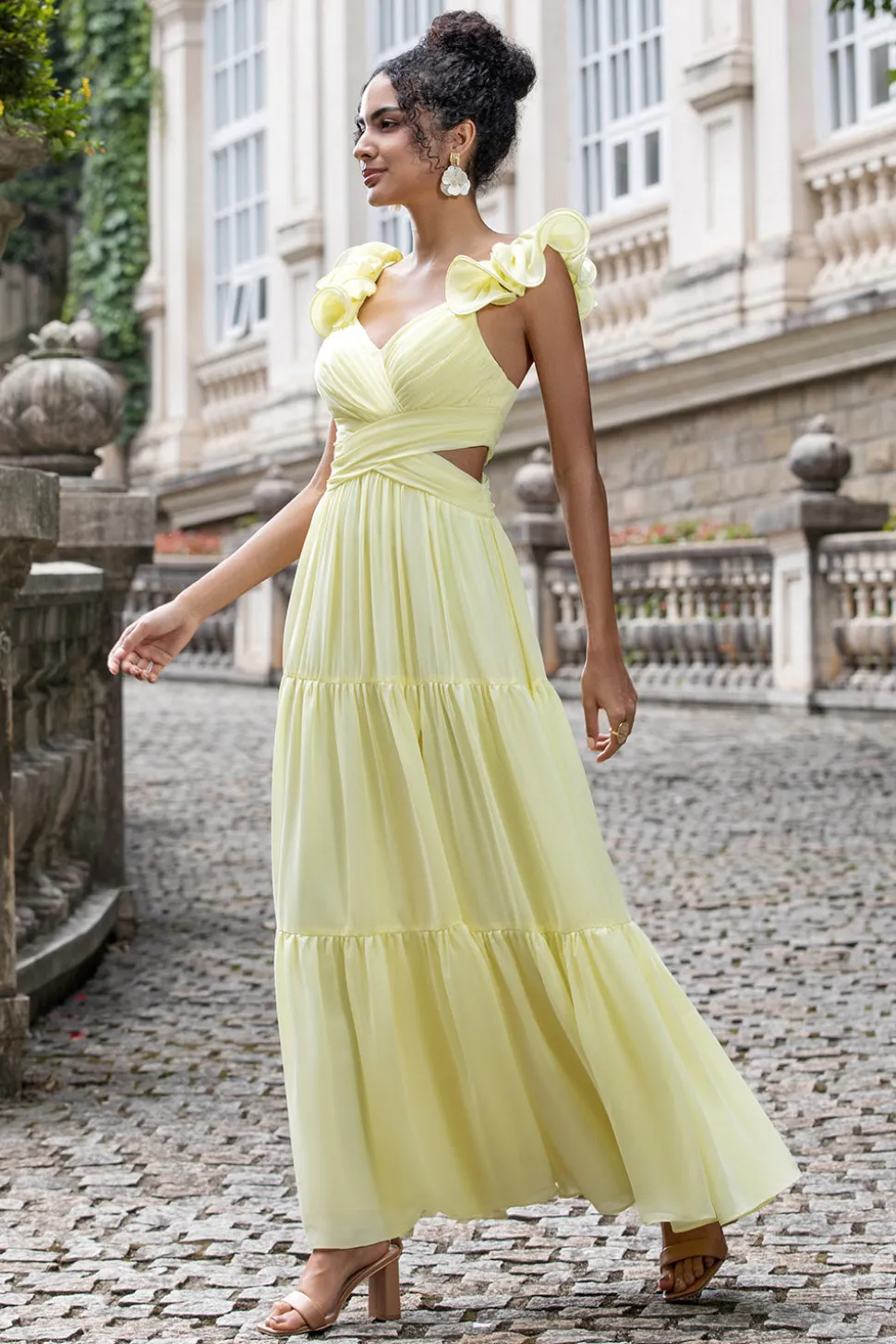 Limão Amarelo Simples Uma Linha plissado Vestido de Festa de Casamento com Folhos