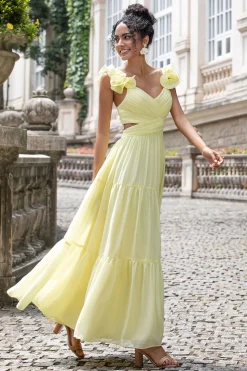 Limão Amarelo Simples Uma Linha plissado Vestido de Festa de Casamento com Folhos