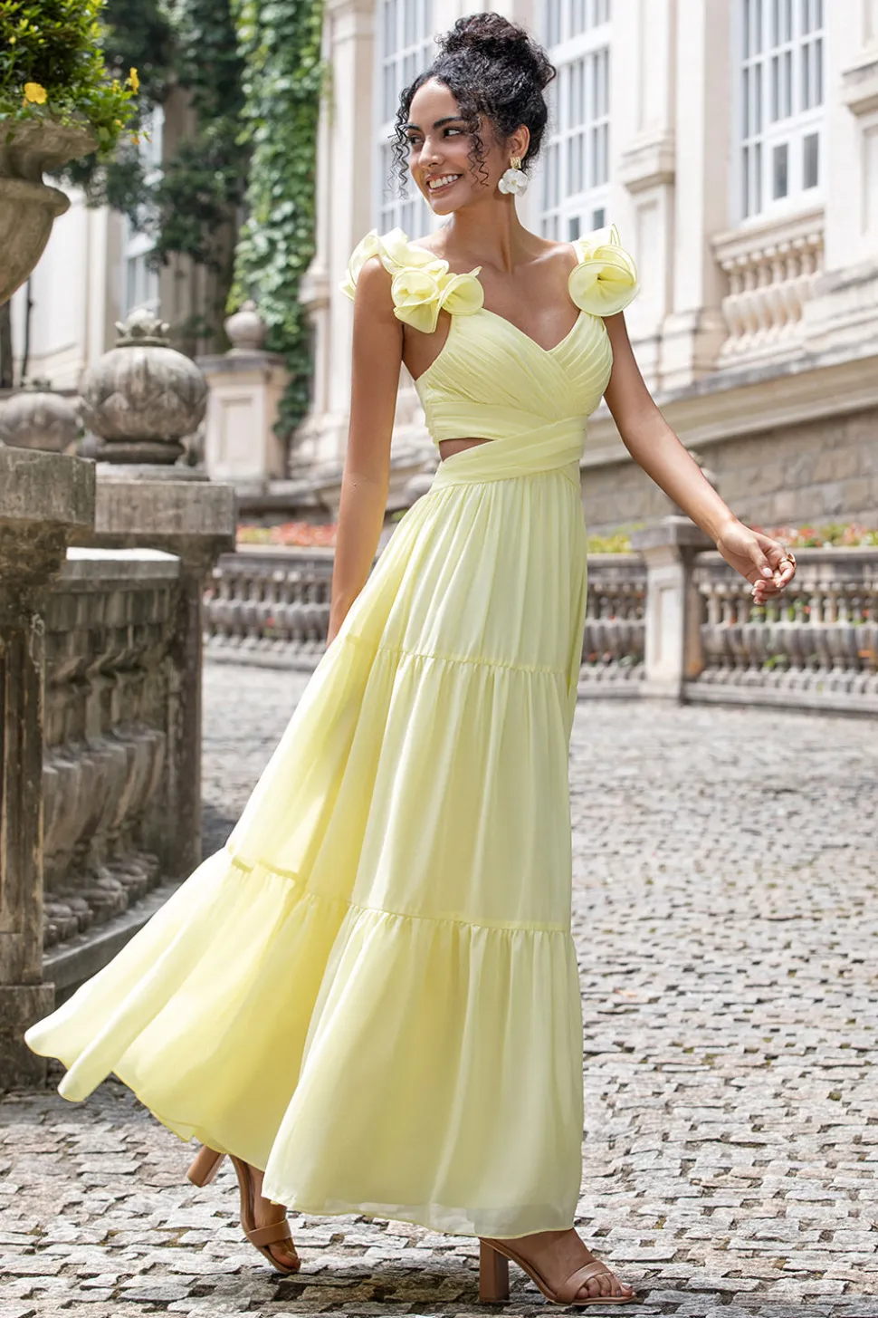 Limão Amarelo Simples Uma Linha plissado Vestido de Festa de Casamento com Folhos