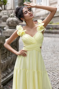 Limão Amarelo Simples Uma Linha plissado Vestido de Festa de Casamento com Folhos
