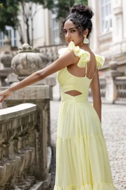 Limão Amarelo Simples Uma Linha plissado Vestido de Festa de Casamento com Folhos