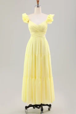Limão Amarelo Simples Uma Linha plissado Vestido de Festa de Casamento com Folhos