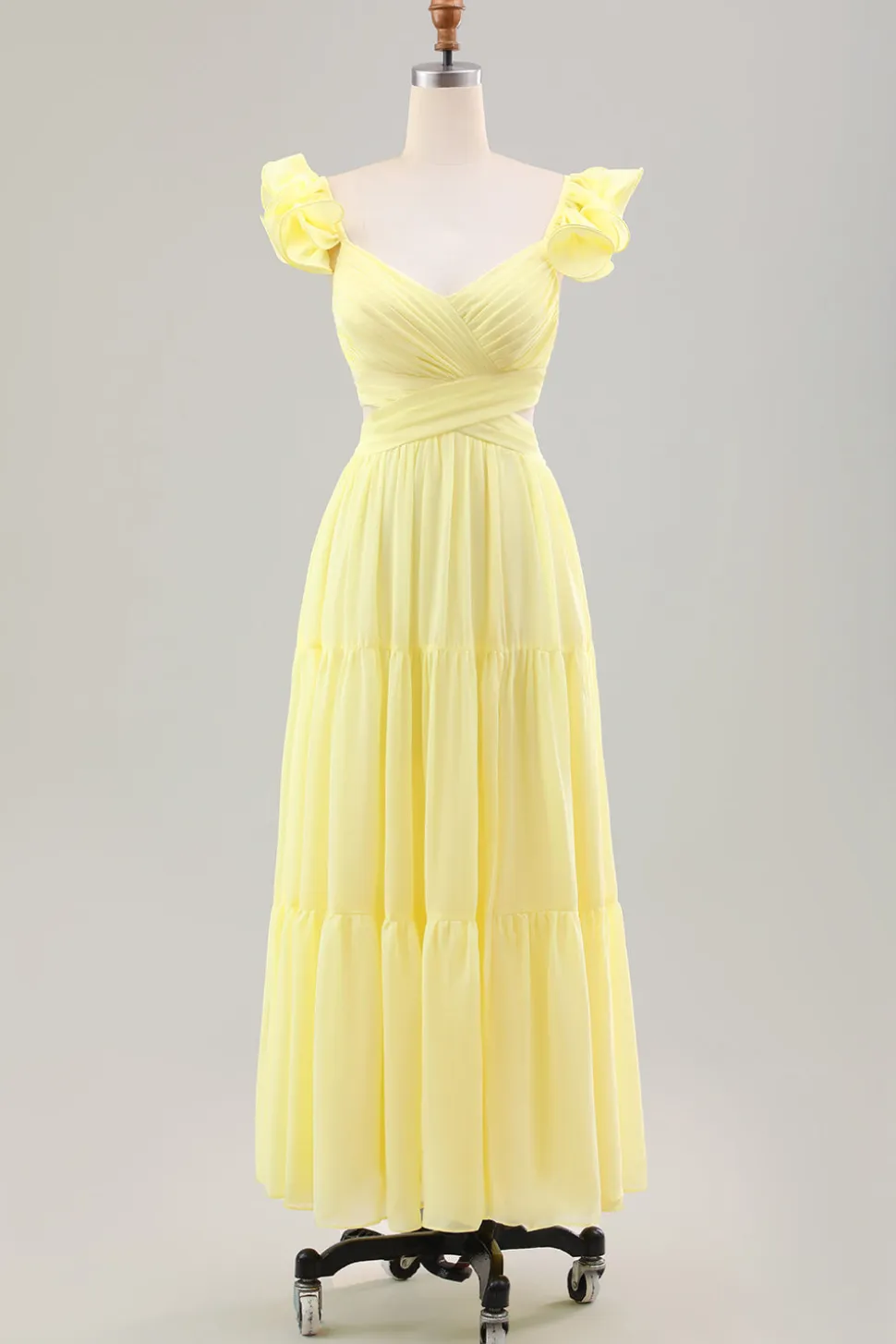 Limão Amarelo Simples Uma Linha plissado babado vestido de noiva convidado