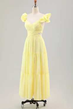 Limão Amarelo Simples Uma Linha plissado babado vestido de noiva convidado