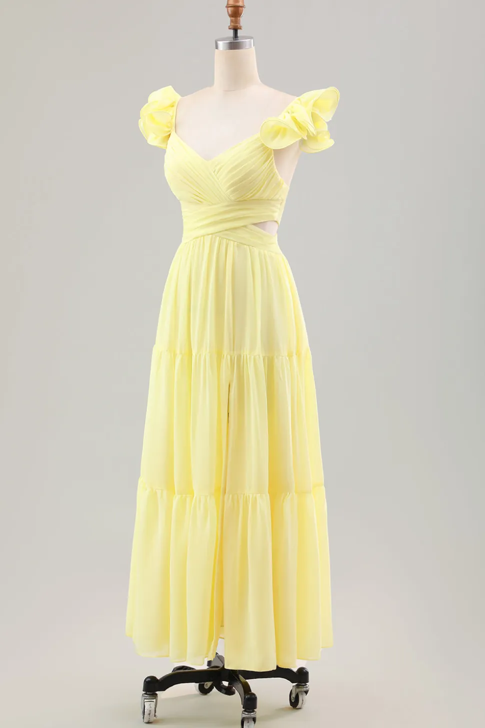 Limão Amarelo Simples Uma Linha plissado babado vestido de noiva convidado