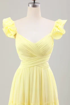 Limão Amarelo Simples Uma Linha plissado babado vestido de noiva convidado