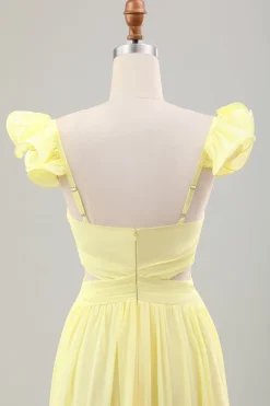Limão Amarelo Simples Uma Linha plissado babado vestido de noiva convidado