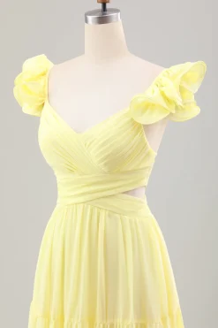Limão Amarelo Simples Uma Linha plissado babado vestido de noiva convidado