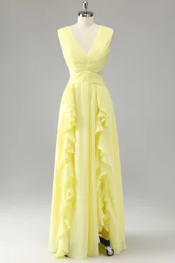 Limão Amarelo Uma linha cortada longo vestido de dama de honra com babados
