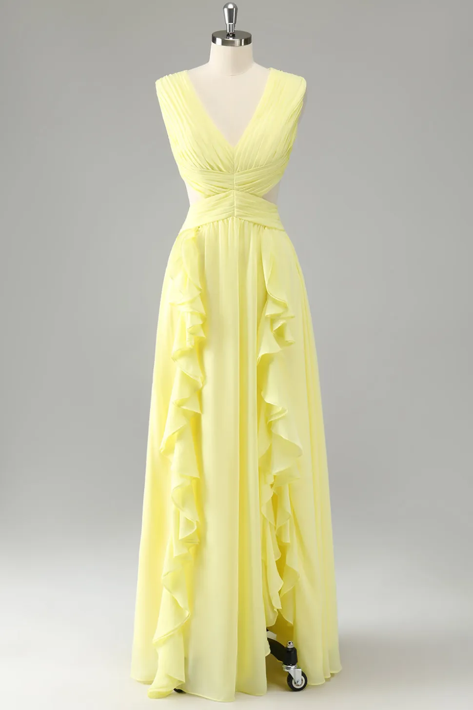 Limão Amarelo Uma linha cortada longo vestido de dama de honra com babados
