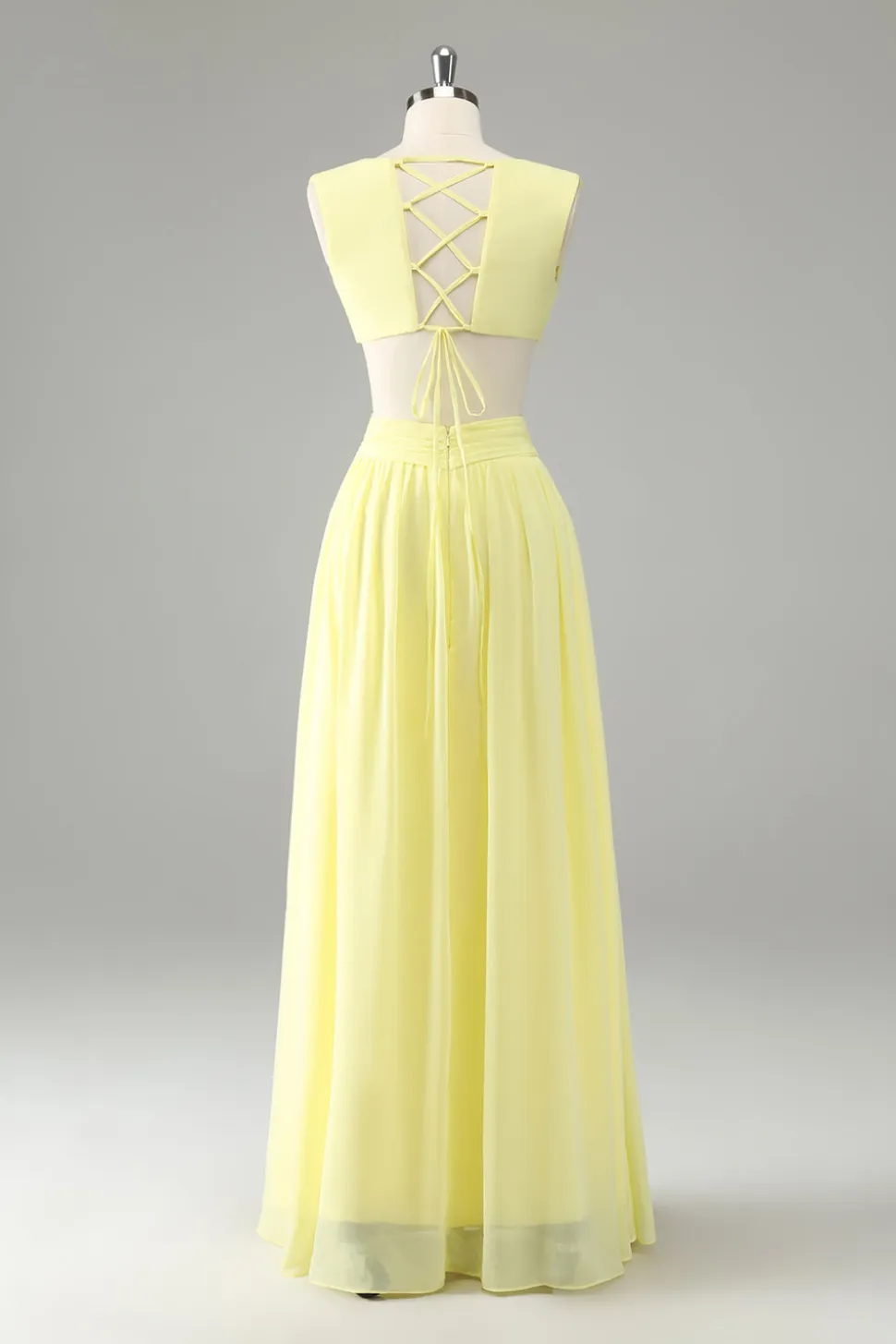 Limão Amarelo Uma linha cortada longo vestido de dama de honra com babados