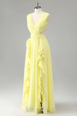 Limão Amarelo Uma linha cortada longo vestido de dama de honra com babados