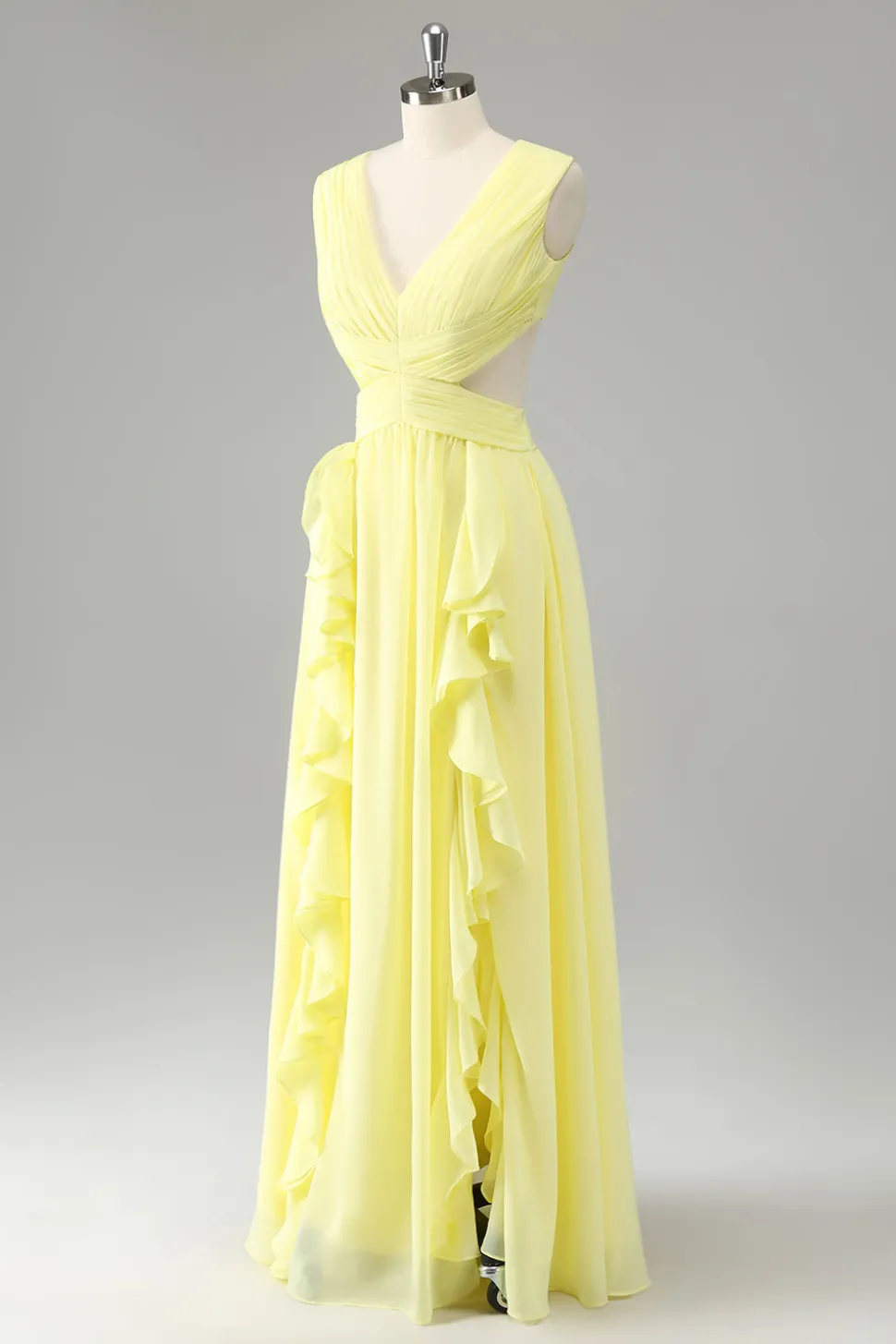 Limão Amarelo Uma linha cortada longo vestido de dama de honra com babados