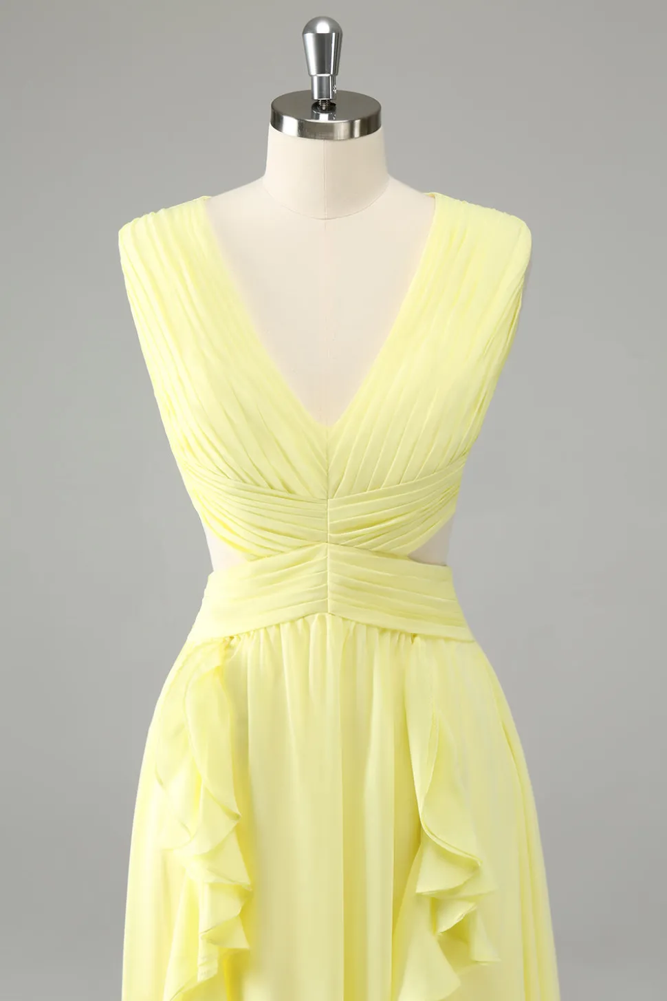 Limão Amarelo Uma linha cortada longo vestido de dama de honra com babados