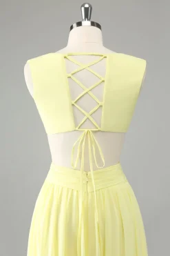 Limão Amarelo Uma linha cortada longo vestido de dama de honra com babados