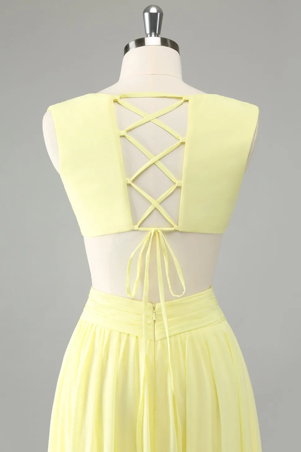 Limão Amarelo Uma linha cortada longo vestido de dama de honra com babados