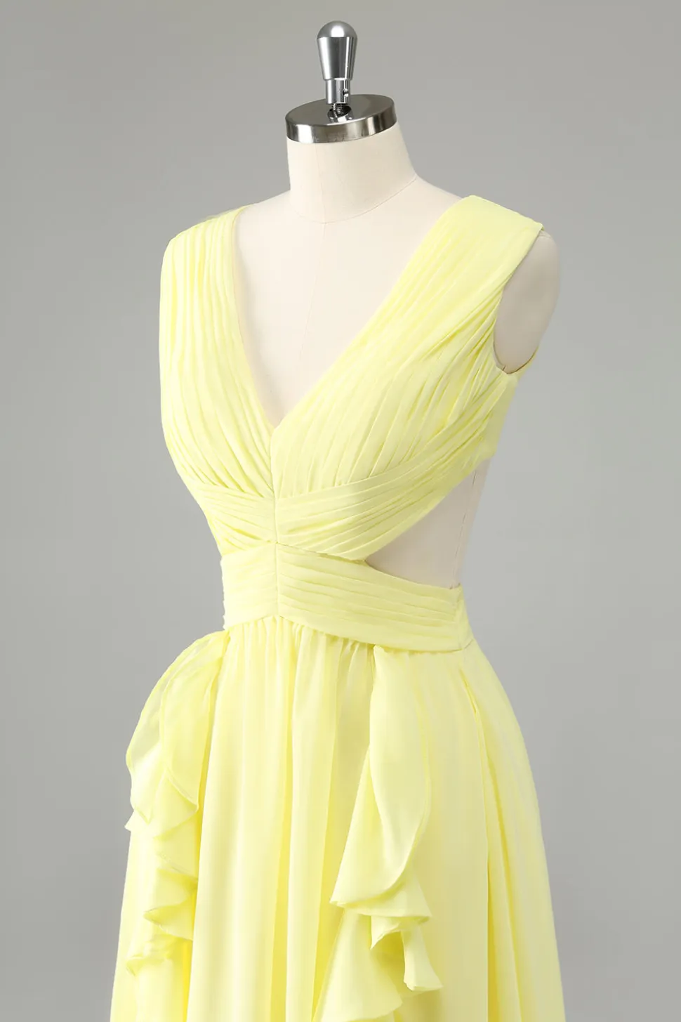 Limão Amarelo Uma linha cortada longo vestido de dama de honra com babados