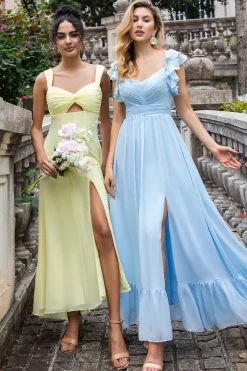 Limão Amarelo Uma Linha Keyhole Long Vestido de Madrinha com Fenda