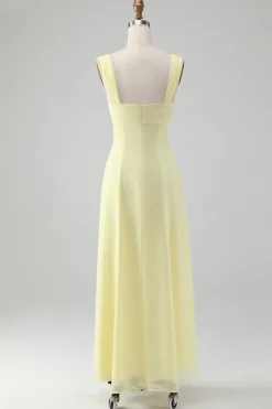 Limão Amarelo Uma Linha Keyhole Long Vestido de Madrinha com Fenda