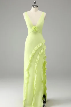 Limão Deep V Neck Ruffles Vestido de Noiva com Fenda