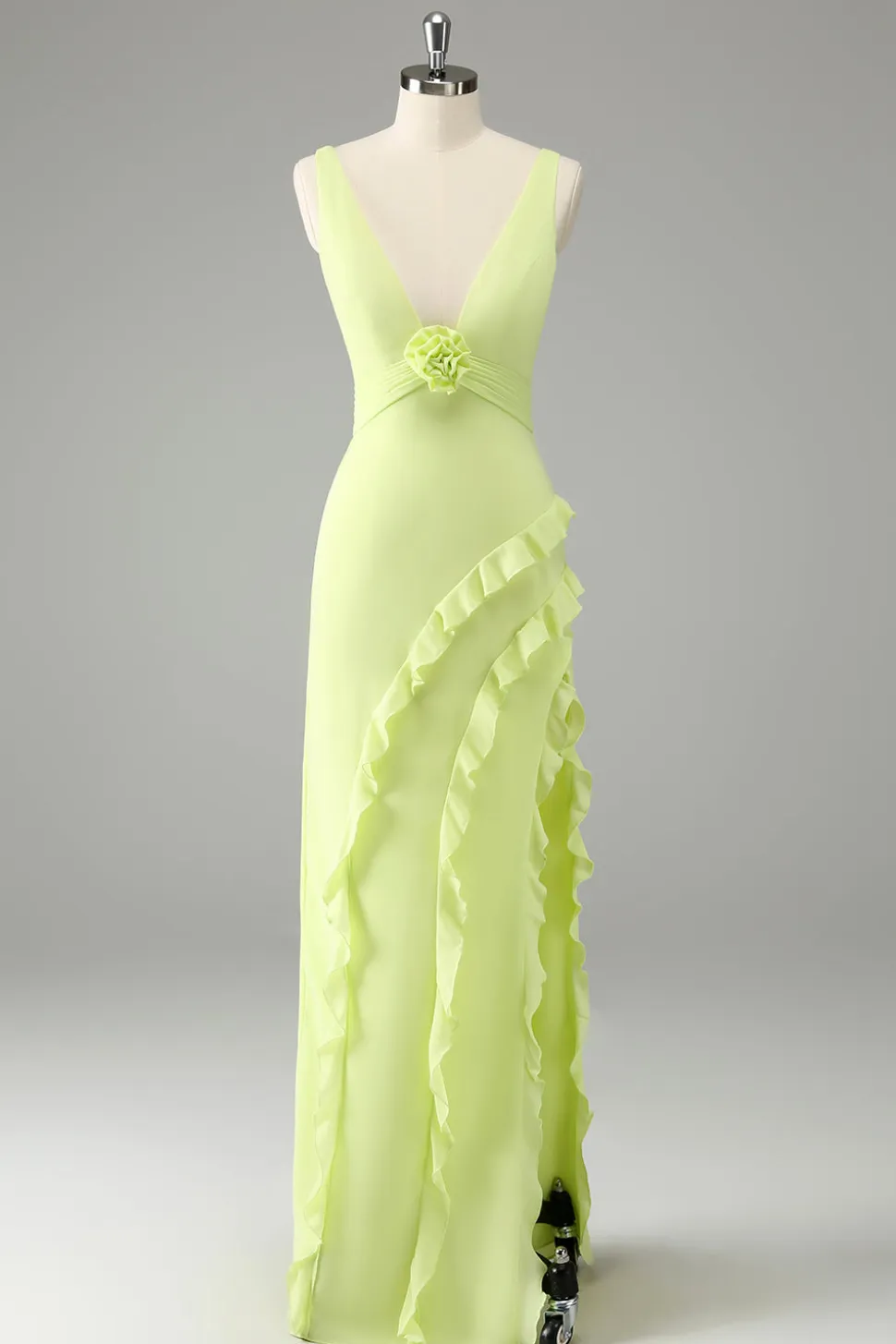 Limão Deep V Neck Ruffles Vestido de Noiva com Fenda