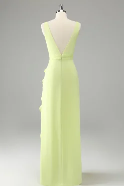Limão Deep V Neck Ruffles Vestido de Noiva com Fenda