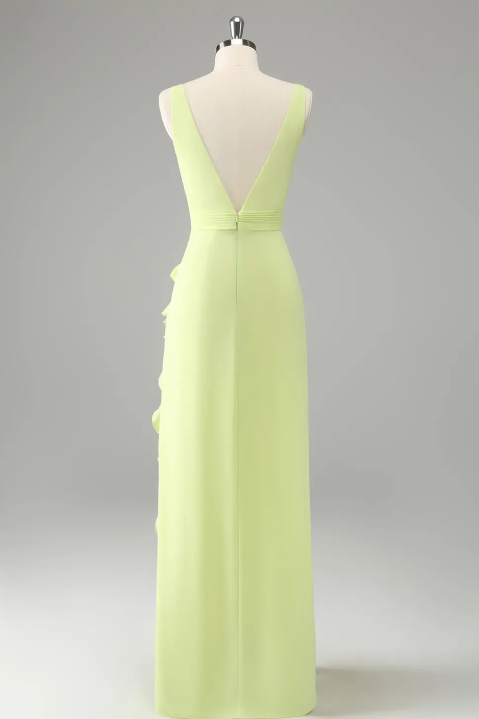 Limão Deep V Neck Ruffles Vestido de Noiva com Fenda