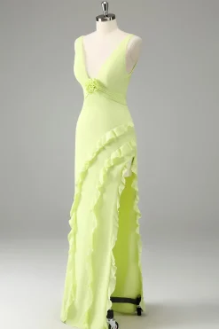 Limão Deep V Neck Ruffles Vestido de Noiva com Fenda