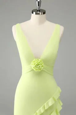 Limão Deep V Neck Ruffles Vestido de Noiva com Fenda