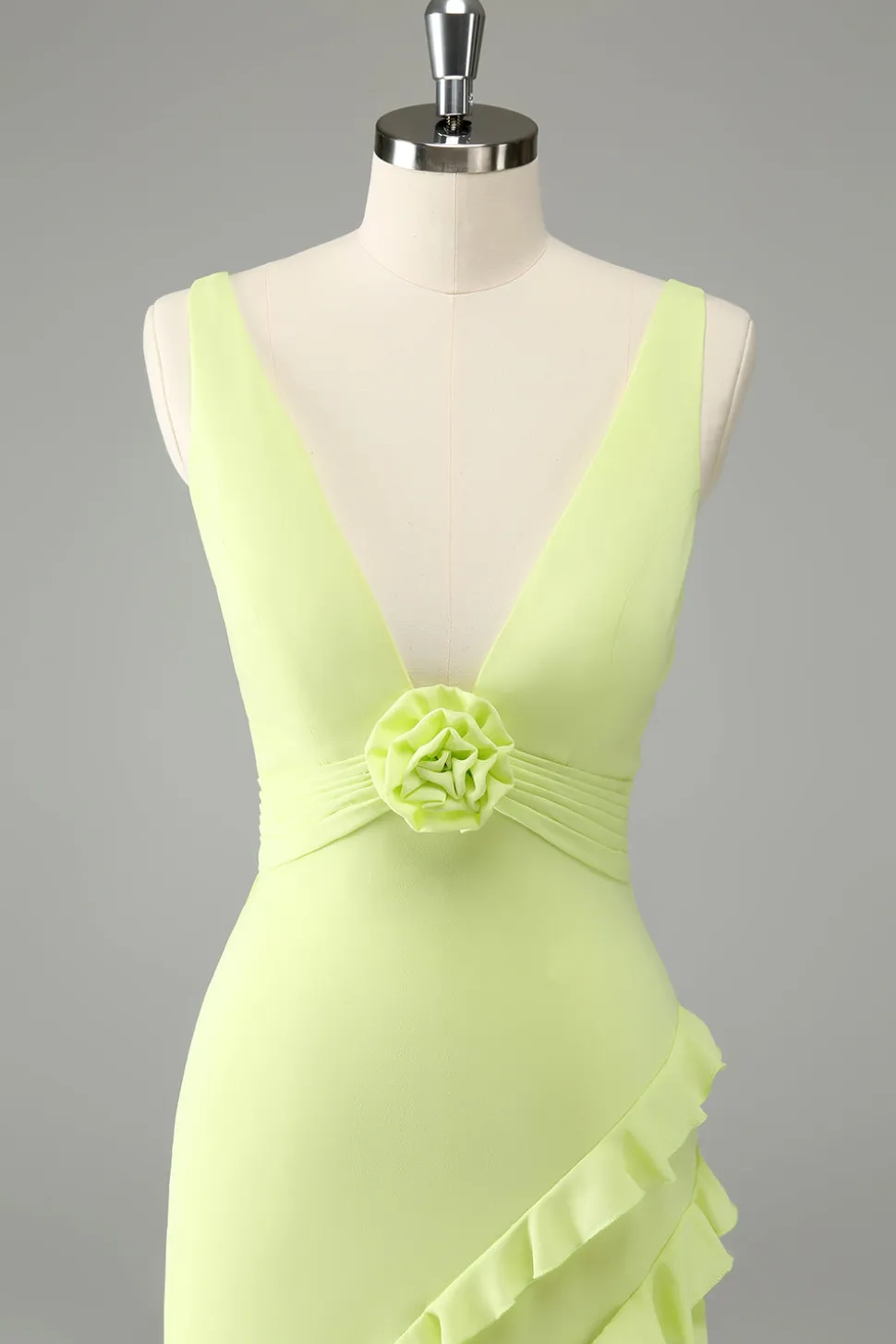 Limão Deep V Neck Ruffles Vestido de Noiva com Fenda