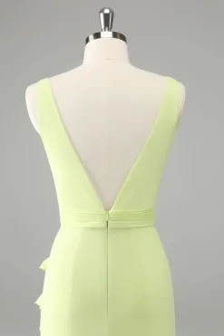 Limão Deep V Neck Ruffles Vestido de Noiva com Fenda
