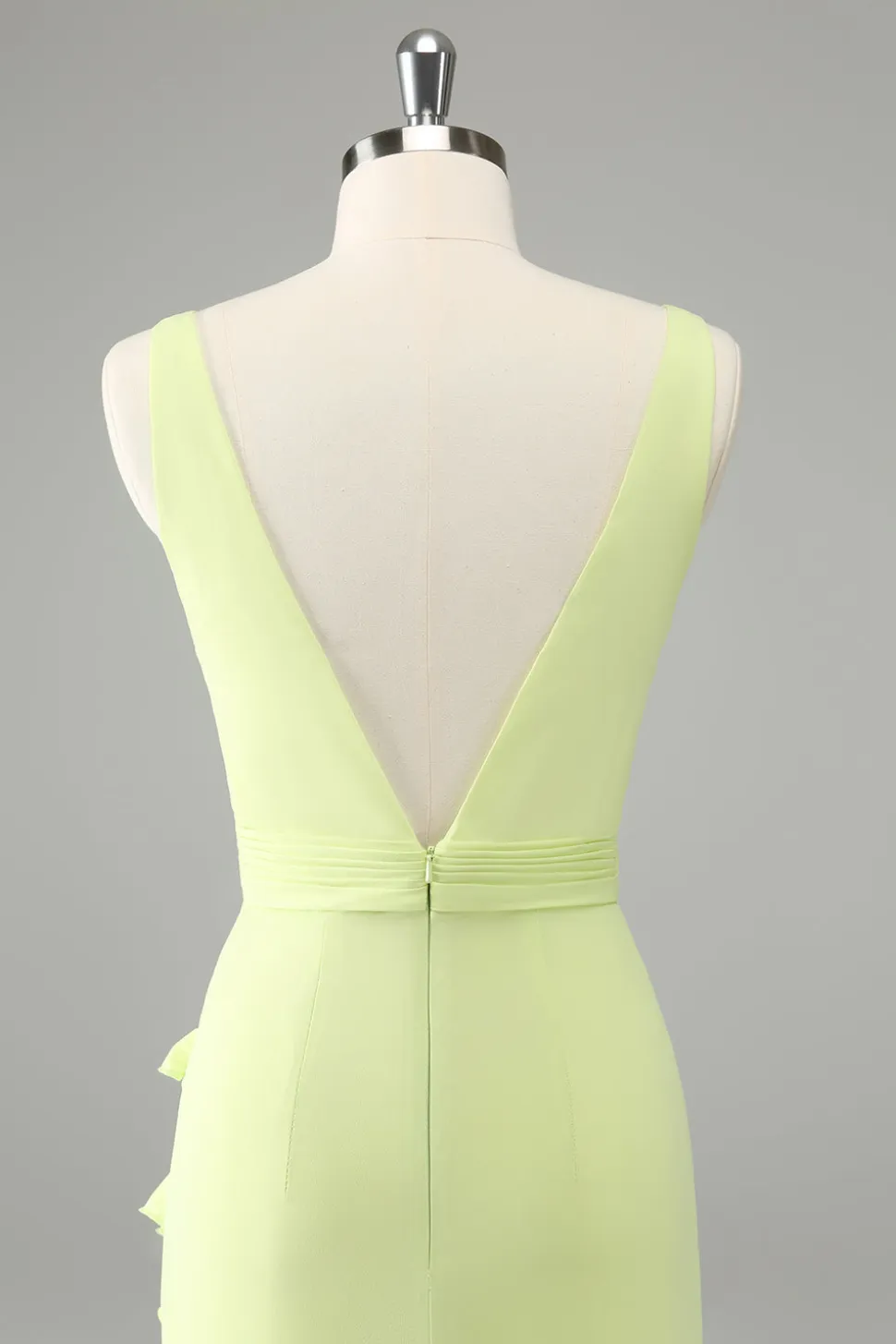 Limão Deep V Neck Ruffles Vestido de Noiva com Fenda