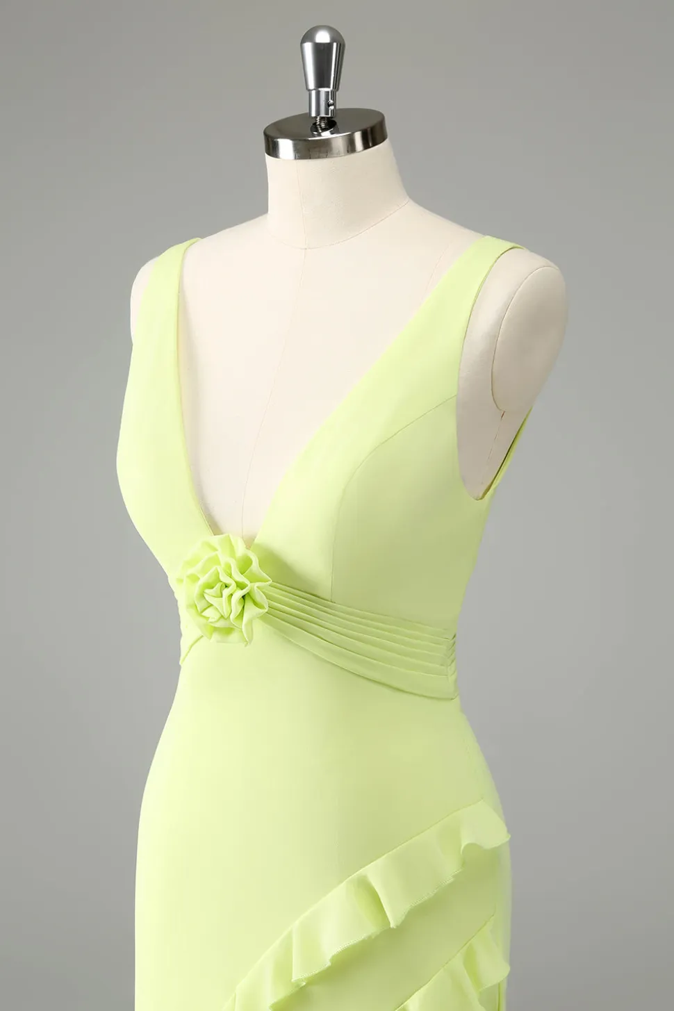 Limão Deep V Neck Ruffles Vestido de Noiva com Fenda