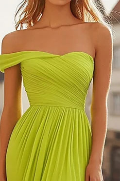 Limão Verde Ombro Frio Ruched Chiffon Prom Dress